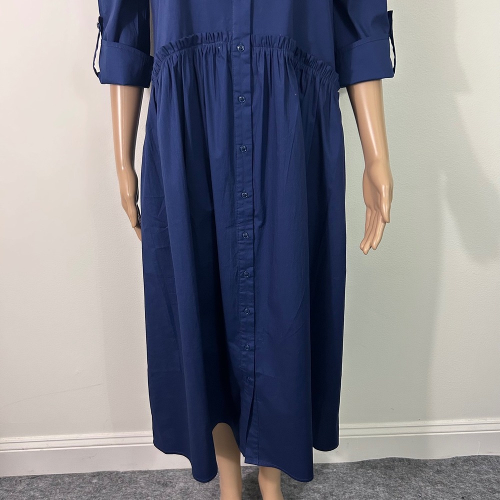 Taylor Tillman Navy Blue Cotton Poplin Ruffle Drop Waist Midi Shirt Dress Small - Picture 10 of 13